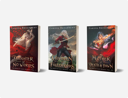 Three paperback book covers from the War of Lost Hearts series by Carissa Broadbent are displayed side-by-side on a light gray background. The books are 'Daughter of No Worlds', 'Children of the Fallen Gods', and 'Mother of Death & Dawn'.